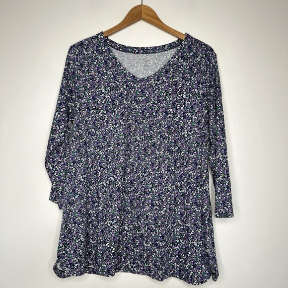 J Jill Pima Cotton 3/4 Sleeve V-Neck Tee XL Tall Ditsy Floral Boho - Picture 1 of 13